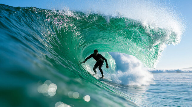Anonymous surfer's silhouette frozen in a barrel tube ride with light streaming through the back of a crystal green wave, ultimate surfing achievement concept, defocused, with