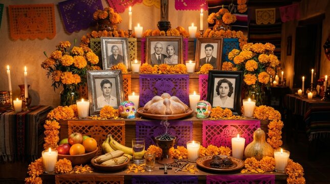 Dia de los Muertos altar ofrenda decorated with marigold flowers candles sugar skulls and family photos for Day of the Dead celebration in Mexico