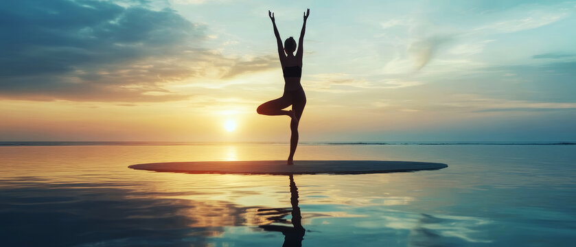 Silhouette of a woman practicing yoga tree pose on a paddleboard in calm waters, set against a vibrant orange and blue sunset sky