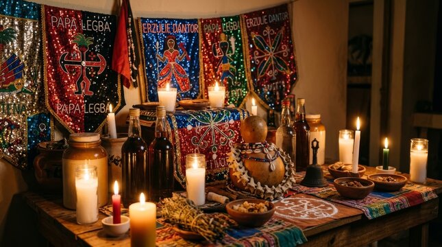 Haitian Vodou ceremony ritual objects on altar with sequined flags sacred rum offerings candles and voodoo symbols in ceremonial space