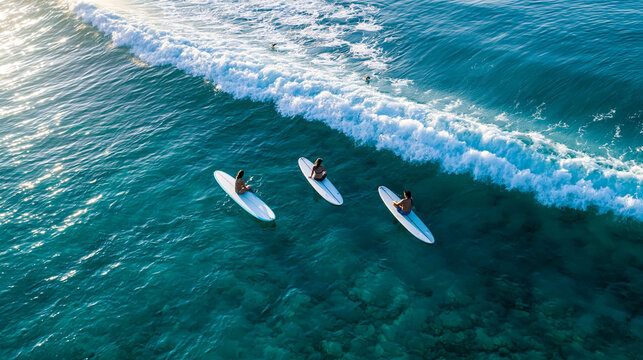 Aerial drone view of surfers seated on surfboards waiting for a wave in the middle of a Hawaiian ocean at sunset, paradise surfing concept, defocused, with copy space