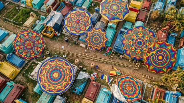 Aerial overhead view of giant colorful kites flying above cemetery during Day of the Dead kite festival in Guatemala honoring ancestors