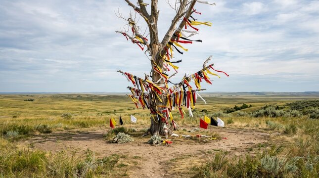 Lakota Sun Dance ceremony prayer flags and offerings tied to sacred cottonwood tree center pole with colorful ribbons in Native American spiritual ritual