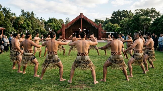 Maori haka performance on grass with warriors in traditional tattoos and woven garments performing powerful ceremonial war dance in New Zealand