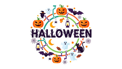 Fototapeta premium Halloween Festive Circle: A vibrant and whimsical illustration celebrates Halloween with a circular design featuring pumpkins, ghosts, bats, and lanterns.