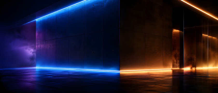Neon light background, futuristic dark industrial room with blue and orange glow for technology, gaming and cinematic production. Cyberpunk stage, concrete wall and floor for product mockup display.