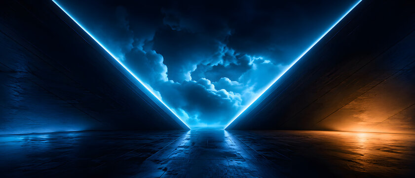 Futuristic neon clouds, architecture and tunnel with technology background, gaming stage and science fiction. Blue and orange light on floor with perspective, empty studio and portal for mystery room