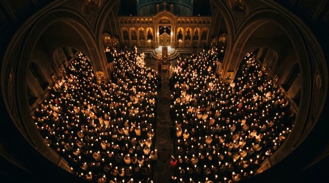 Orthodox Easter resurrection service at midnight with congregation holding lit candles outside church during Pascha celebration in Eastern Europe