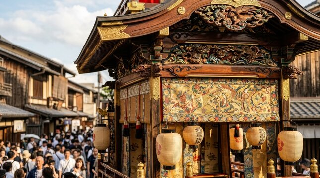 Ornate Gion Matsuri parade float detail in Kyoto Japan with gilded wooden lacquer panels tapestry and traditional Japanese craft on festival yama or hoko