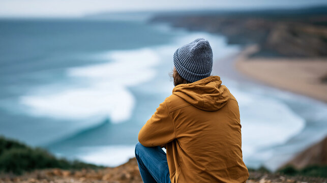 Anonymous surfer sitting alone on a clifftop overlooking a perfect empty surf break below, surf exploration and wave scouting concept, faceless, defocused dramatic coastal view,
