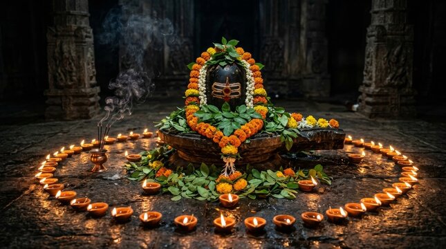Shiva lingam sacred stone draped with fresh green leaves flower garlands and red vermilion offerings in Hindu temple ritual puja ceremony