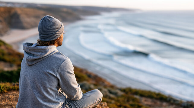 Anonymous surfer sitting alone on a clifftop overlooking a perfect empty surf break below, surf exploration and wave scouting concept, faceless, defocused dramatic coastal view,