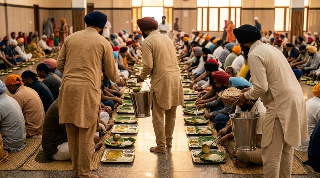 Sikh langar communal meal service at Gurdwara with volunteers in head coverings serving dal rice and chapati to long rows of seated community members