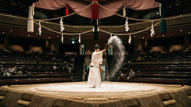 Japanese sumo wrestling ritual ceremony before match with massive wrestlers in mawashi performing salt throwing and stomping rituals in clay dohyo ring