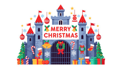 Naklejka premium Christmas Castle Celebration: A festive castle adorned with Christmas decorations, snowflakes, and holiday gifts, proudly displaying Merry Christmas for a joyful winter celebration.