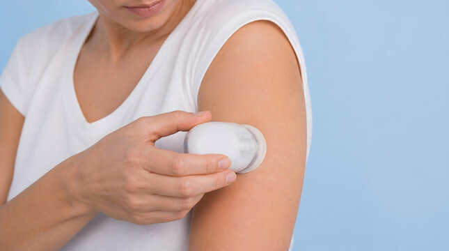 Diabetes, insulin pump and woman with medical device on arm for health, glucose monitoring and chronic condition. Patient, treatment and healthcare with technology, blood sugar and daily therapy