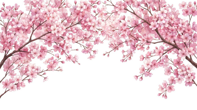 Decorative border of blooming cherry blossom branches with pink flowers isolated on white background branches watercolor blooming illustration background botanical romantic decorative