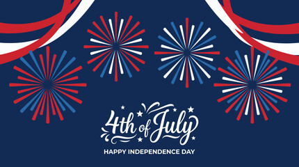 Obraz premium Fourth of July fireworks background with red white and blue patriotic ribbons and Happy Independence Day text on dark blue
