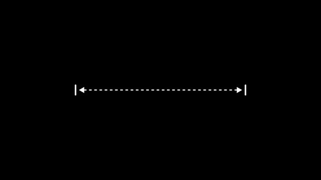 Vertical line measuring height animation on black background with alpha channel. White vertical doth line measuring motion animation.