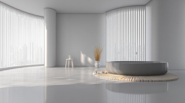 Contemporary minimalist bathroom features a round soaking tub bathed in bright natural light