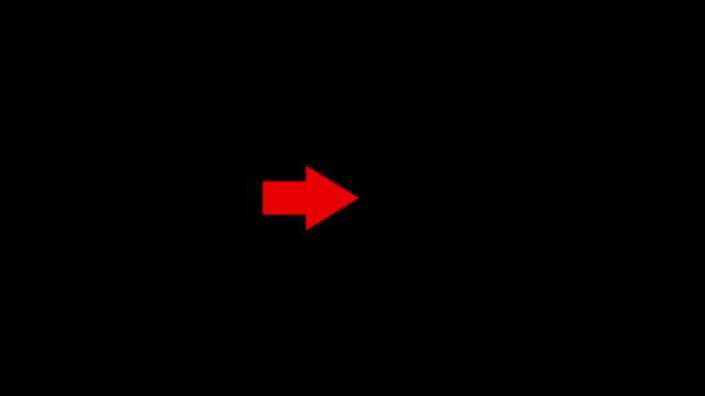 red arrow move to forward or right direction animation on black background. Right arrow move to forward left to right moving animation.