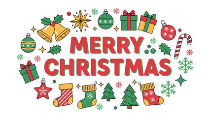 Naklejka premium Merry Christmas Illustration: A festive and colorful illustration features the words Merry Christmas surrounded by classic holiday symbols like bells, ornaments, gifts, snowflakes, candy canes.