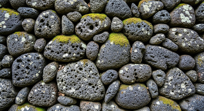 Close-up macro view of a textured volcanic rock wall, featuring rough, porous stones with patches of bright green moss and lichen, showcasing natural geological patterns in a rustic, earthy 