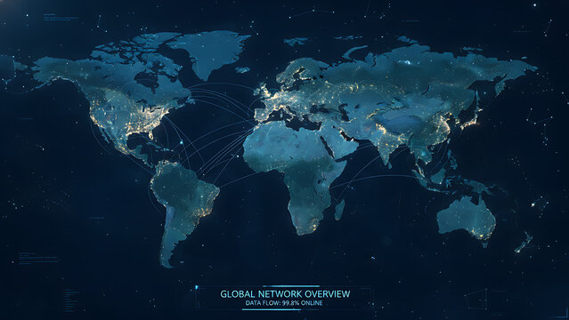 Global world map featuring glowing interconnected urban hubs and digital network lines across a dark blue navy background representing telecommunications, internet traffic, and global data links.