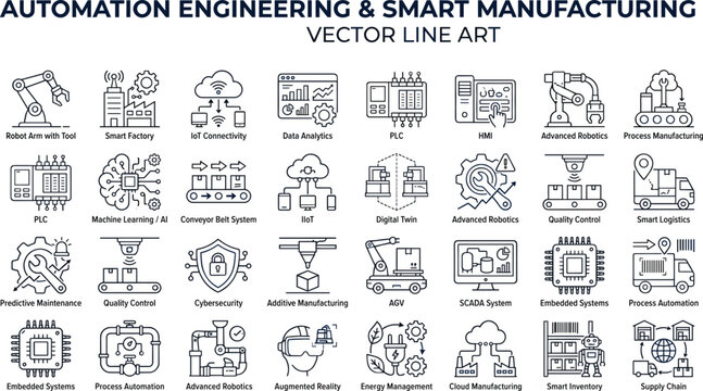 Automation engineering and smart manufacturing line icons set vector illustration featuring industrial tech symbols for robot arm factory data analytics and internet of things