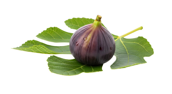 Ripe purple fig with water droplets resting on vibrant green fig leaves