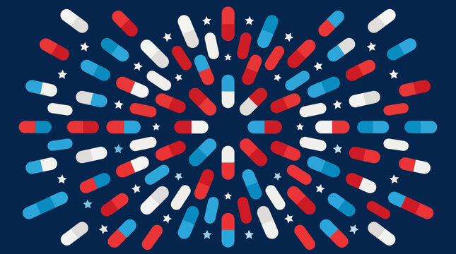 Abstract patriotic medical background with red white and blue pills radiating like fireworks on dark blue