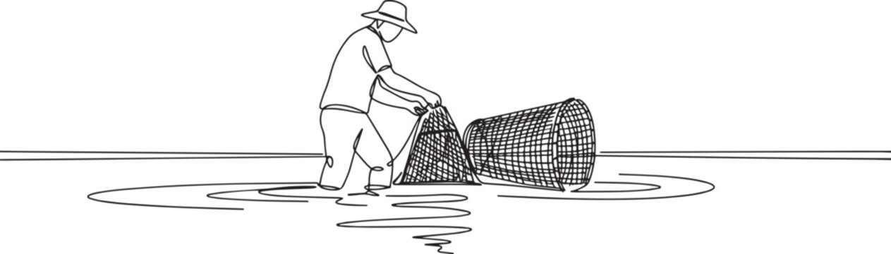 Fisherman in water with a trap, focused on the main subject.
