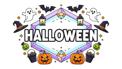 Naklejka premium Halloween Celebration Emblem: A vibrant emblem features the word Halloween set against a geometric backdrop, surrounded by spooky and festive elements like pumpkins, ghosts, bats, witch hats.