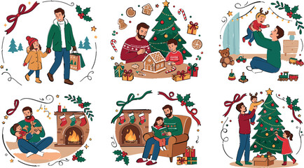 Fototapeta premium Christmas Family Holiday Collection with Gift Giving, Tree Decorating, Cozy Fireplace Moments, Winter Traditions, and Festive Celebration Illustrations