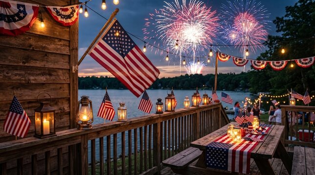 American Flag Decorations on Wooden Deck with Fireworks Display