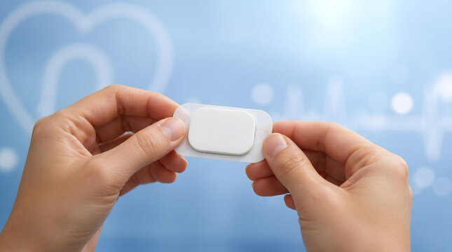 Medical, healthcare and nicotine patch in hands for treatment, therapy and wellness. Person, medication and pharmaceutical with glucose monitor, skin application, help and blue background clinic