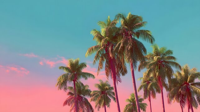 Green coconut palm trees on summer colorful pink sky with copy space. Beautiful tropical seascape background minimal style.