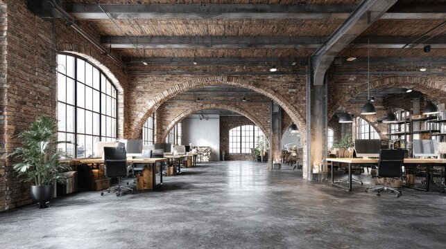 Spacious industrial style workspace features exposed brick arches and modern work stations