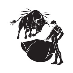 Bullfighter matador with cape and charging bull vector illustration for Spanish culture and traditional bullfighting sport