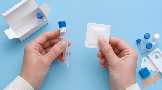 Medical test, hands and diagnostic kit for healthcare, home screening and laboratory research. Patient, health and equipment with tube, wipe and box for pharmacy, clinical and hospital services