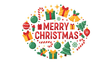 Naklejka premium Merry Christmas Celebration: A vibrant circular illustration bursting with festive Christmas elements like gift boxes, candy canes, baubles, holly, bells, and trees.