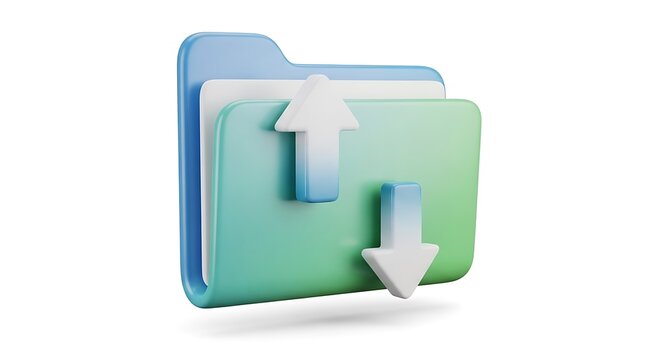 Colorful 3d folder icon with upload and download arrows representing data transfer and storage.