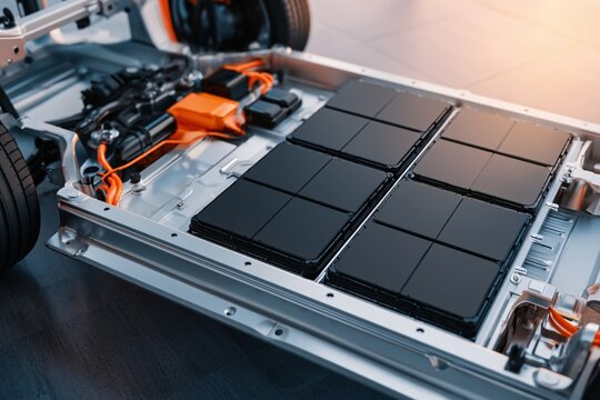 Exploring electric car chassis battery modules automotive industry technical insights indoor setting detailed perspective