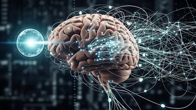 An abstract representation of the human brain connected to a network of digital information and glowing lights, symbolizing cognition and technology
