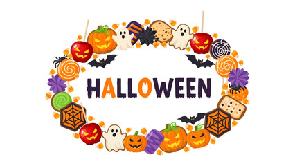 Fototapeta premium Halloween Decoration Wreath: A festive Halloween wreath adorned with pumpkins, ghosts, spiders, and candies, spelling out HALLOWEEN in the center, creating a spooky and delightful seasonal display.
