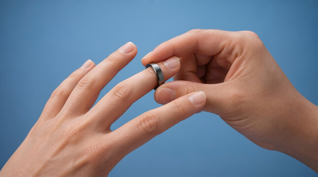Smart ring, wearable technology and health tracking device on finger for wellness, fitness and sleep monitoring. Digital jewelry, biometric data and biohacking with electronic accessory on blue space
