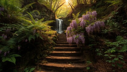 Fototapeta premium Stairs leading up to a waterfall in a lush green forest