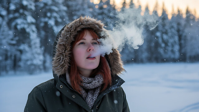 Portrait of a graceful young woman exhaling a dense cloud of white vapor from her mouth against a blurred winter landscape with falling snow and cold atmosphere.