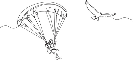 Fototapeta premium Paraglider soaring through the sky with a bird in the distance, line art.