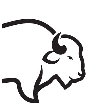 Bison head vector icon with minimalist black line art profile of an American buffalo for branding and logo design